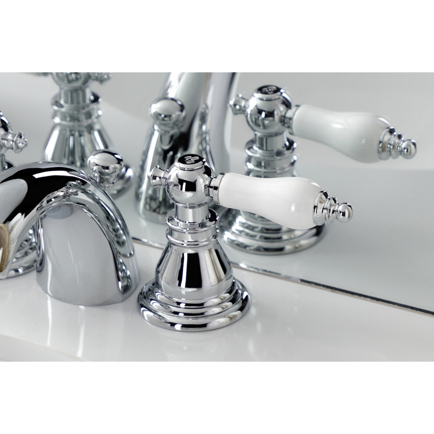 Kingston Tulare KB951APL - American Patriot Two-Handle 3-Hole Deck Mount Mini-Widespread Bathroom Faucet with Pop-Up Drain, Polished Chrome — thumbnail 3